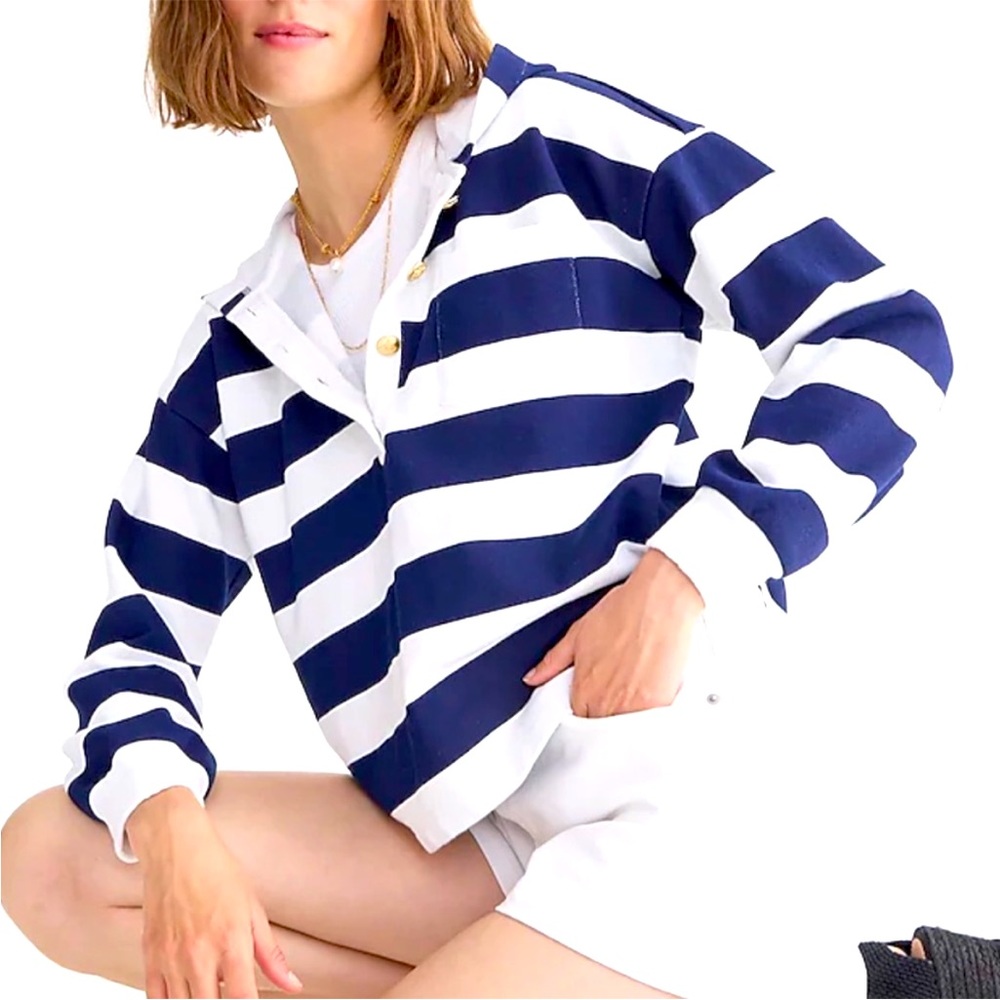 Jcrew university terry Henley sweatshirt navy stripes